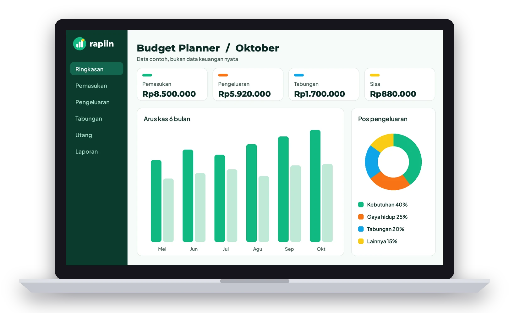 Mockup laptop dengan template Budget Planner Rapiin