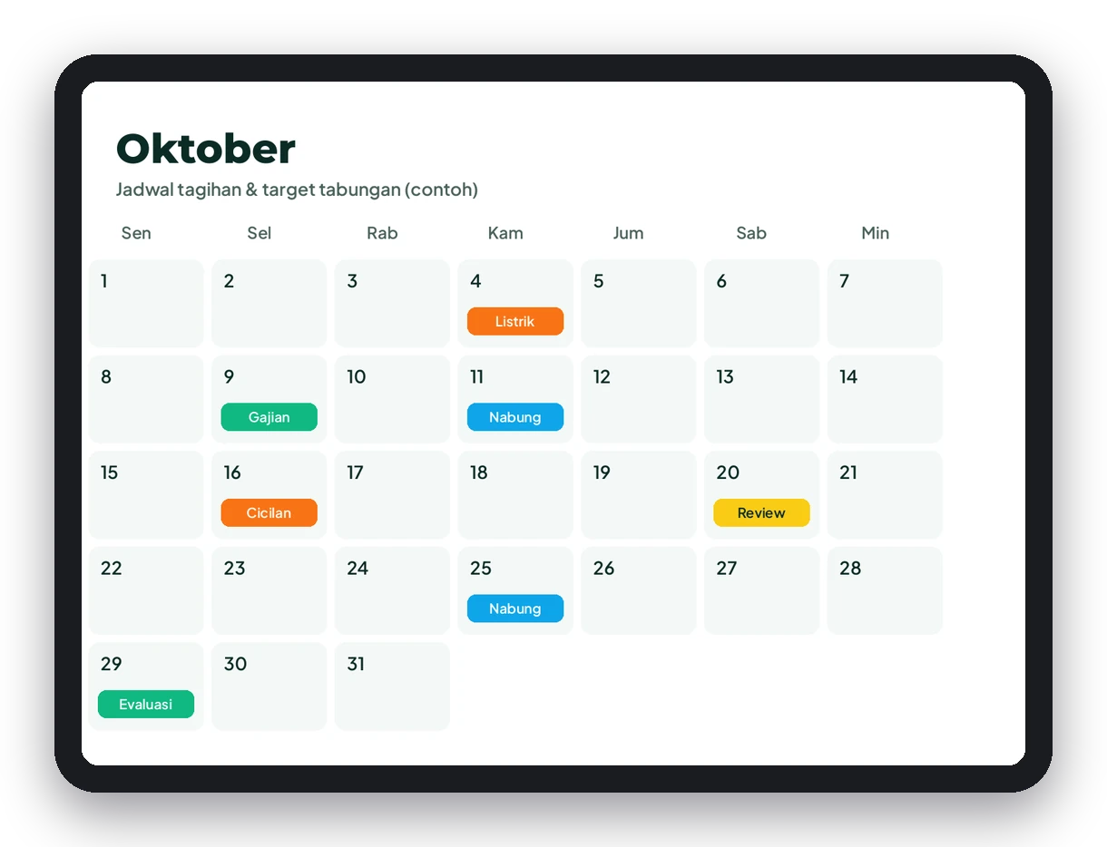 Mockup tablet berisi kalender tagihan Rapiin